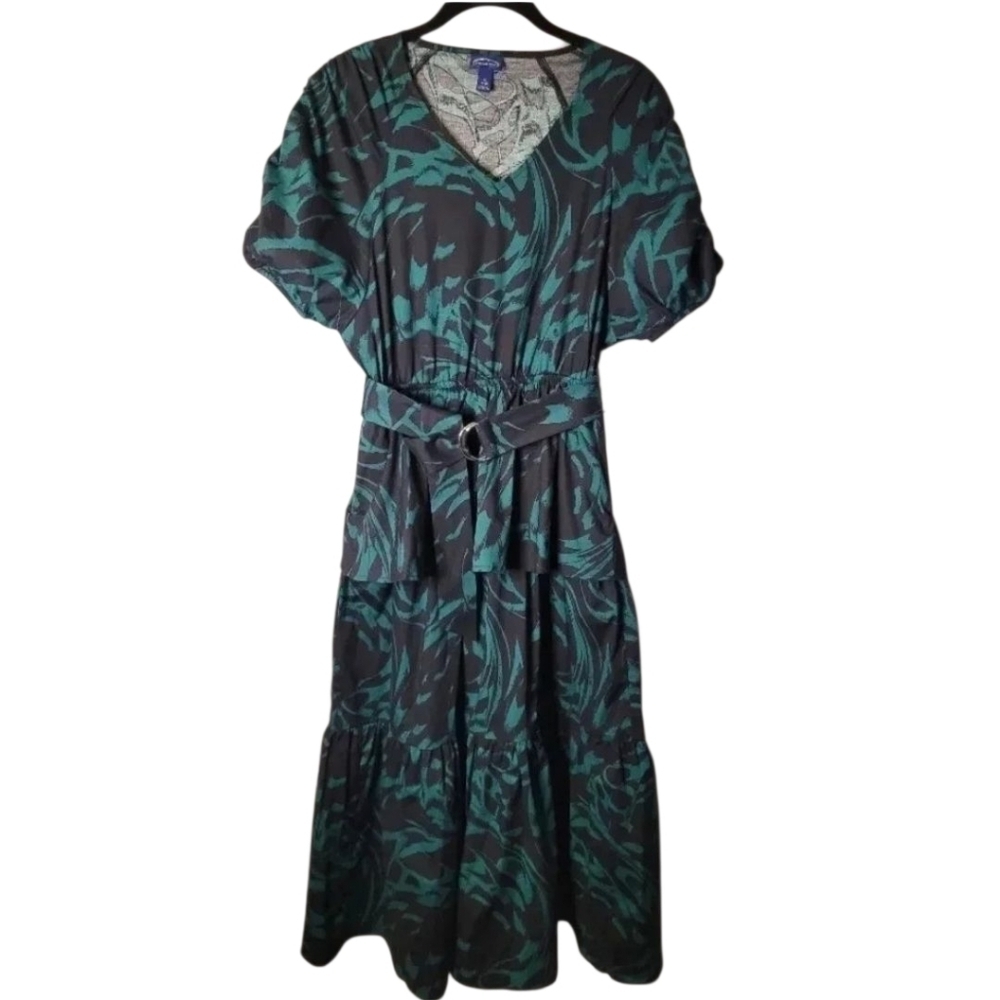 SCOOP Black and green ruched bubble sleeve peplum tiered ruffle Midi Dress, sz S